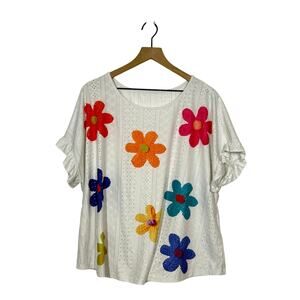 SHEIN Floral Eyelet Top Womens Size 3XL White Ruffle Short Sleeve Summer Boho